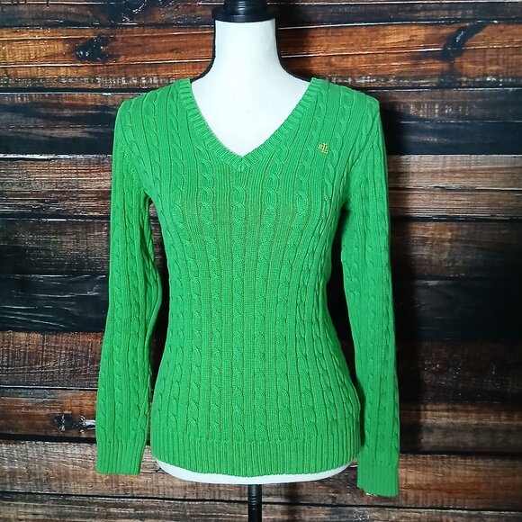 Lauren Ralph Lauren Sweater XS Grass Green 100% Cotton Cable Knit V-Neck - Picture 2 of 10
